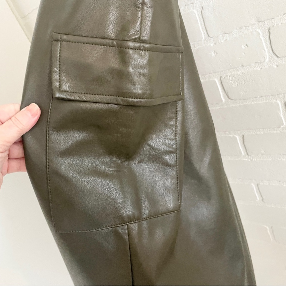 Y2K Vegan Leather Cargo Maxi Skirt Olive Khaki Utility Statement Sz L - Picture 4 of 16